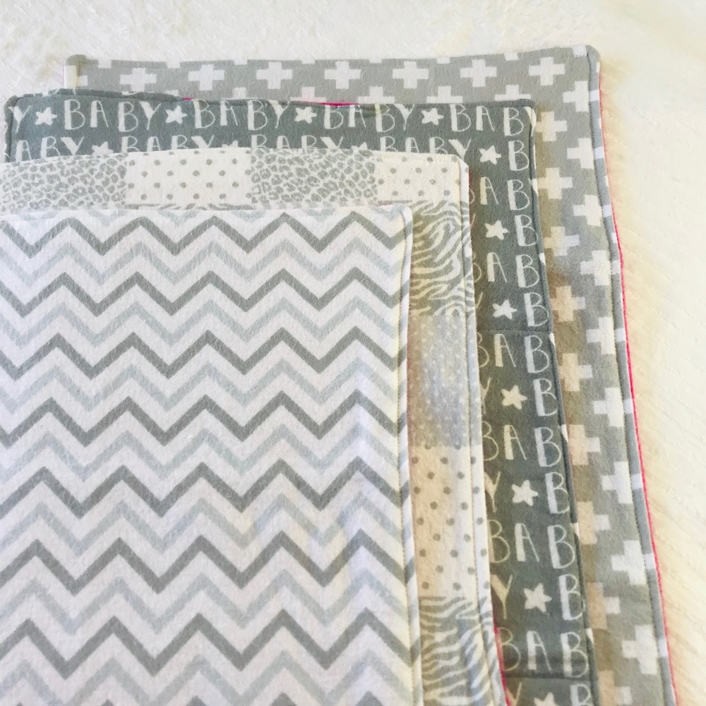 4 Gray & Pink Cotton Burp Cloth Set, Flannel Burp - Picture 5 of 5